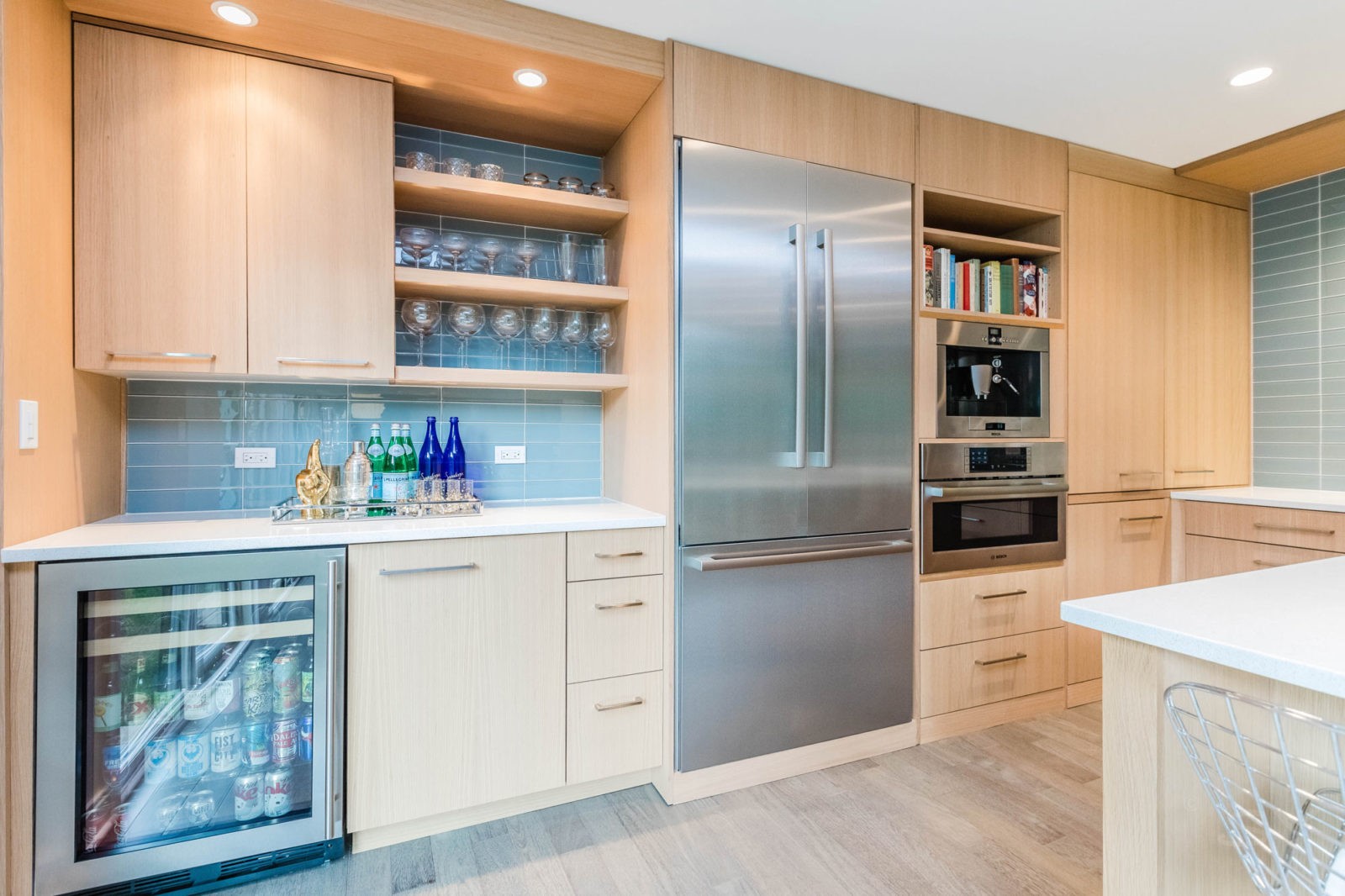 livco bright kitchen remodel bar fridge butler's pantry light cabinets stainless steel fridge