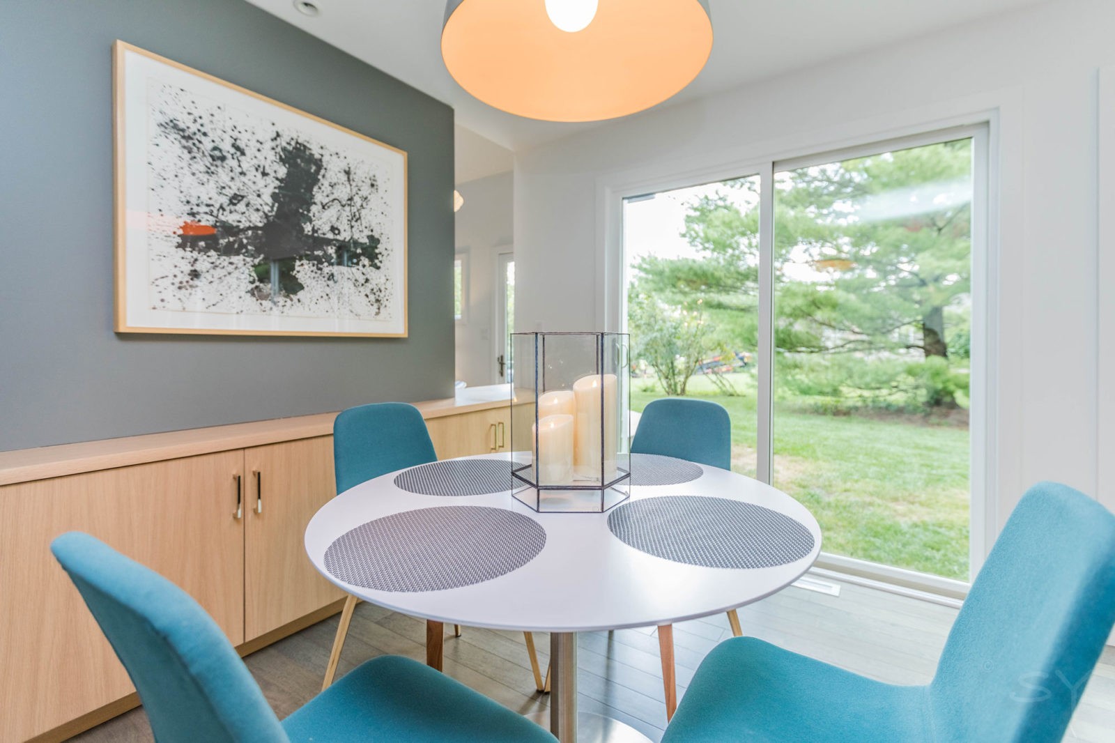 LivCo dining room renovation bright space grey hardwood flooring with bar