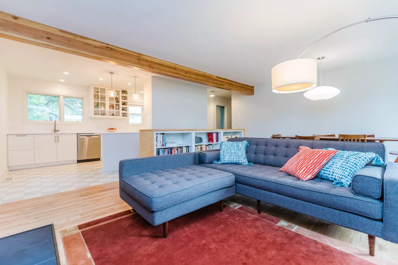 mid century modern family room renovation view looking towards kitchen