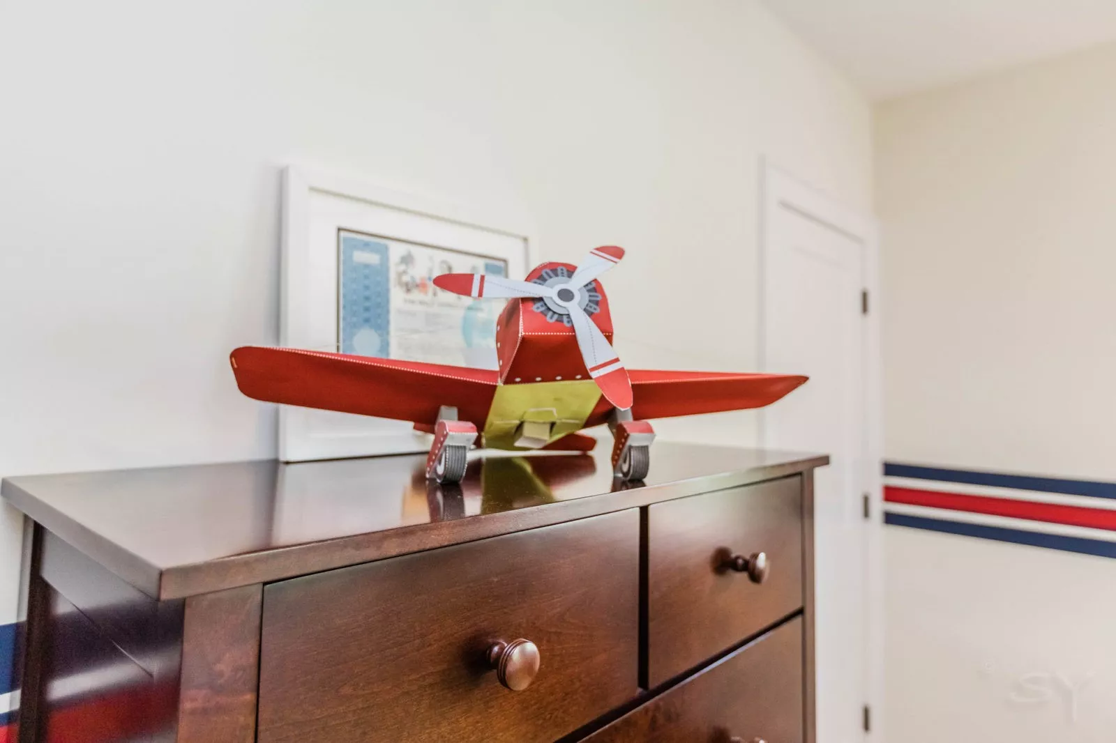 LivCo bedroom interior design childrens airplane theme blue and red striped walls