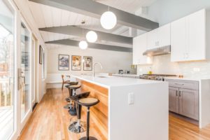 Modern kitchen renovation with white and wood accent theme