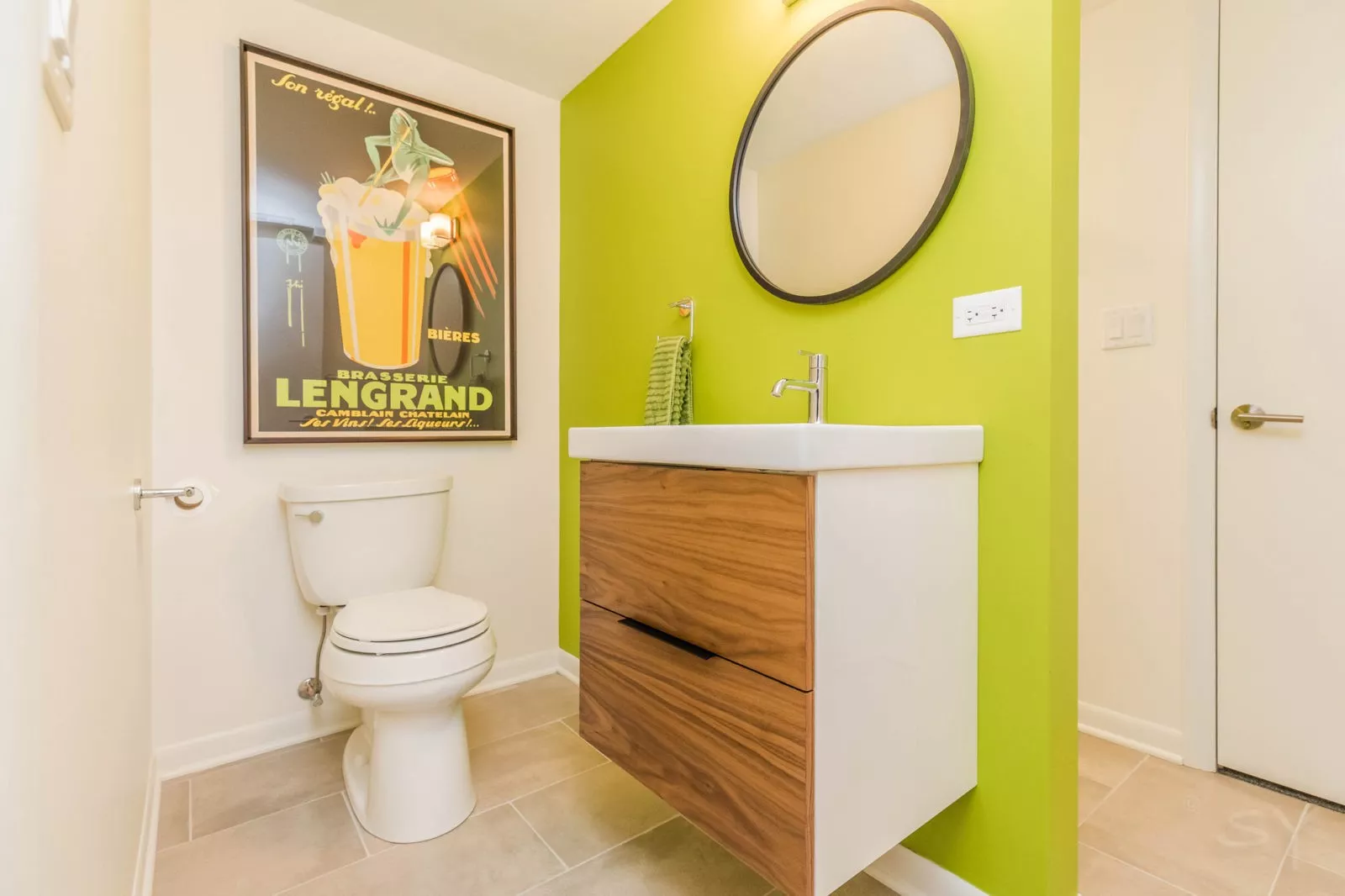 LivCo bathroom design remodel lime green feature wall mounted sink tile flooring