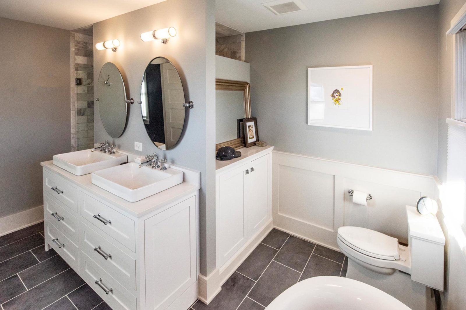 small bathroom remodel single vanity double raised sink grey tile floors white wainscoating