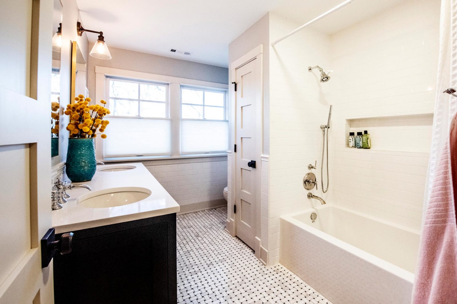 livco bathroom remodel tile flooring white walls and doors double sink vanity double mirrors