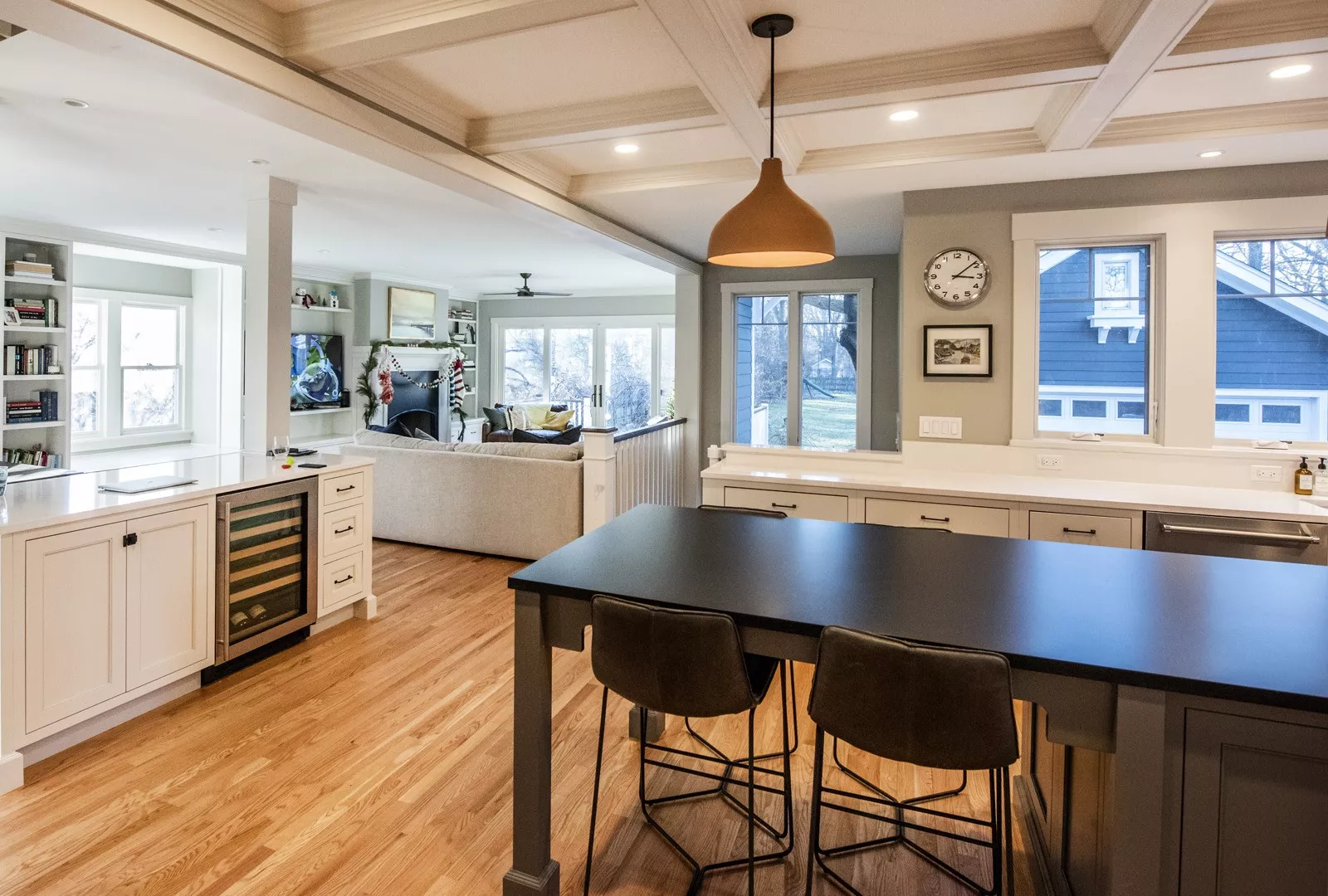 black & grey island table combo hardwood floors square ceiling pattern with site to living room