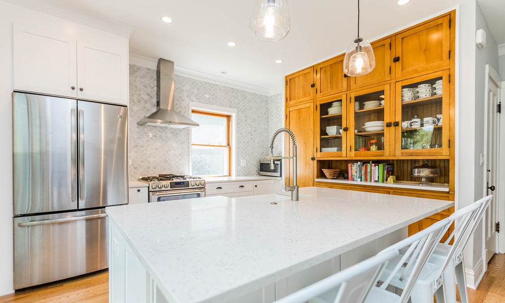 vintage bungalow kitchen remodel with golden pine buffet cabinet