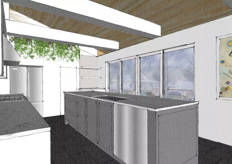A computer generated design of an open kitchen design with ceiling beams and tall glass doors