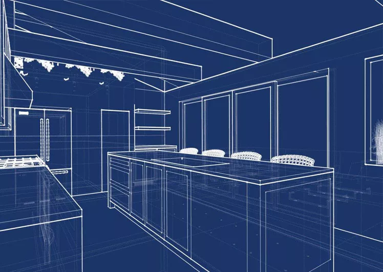 Computer generated blueprint of a kitchen with wood ceiling beams a large island and glass doors