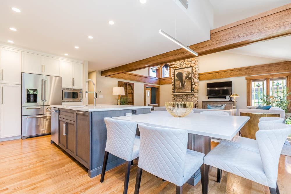 livco kitchen and living room renovation exposed wooden beam high ceilings bright lighting