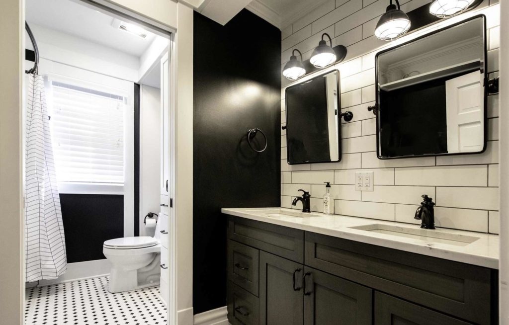 livco white & black bathroom renovation white subway tile backsplash tile flooring black accent wall