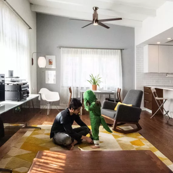 the family plating in the new open and bright family room