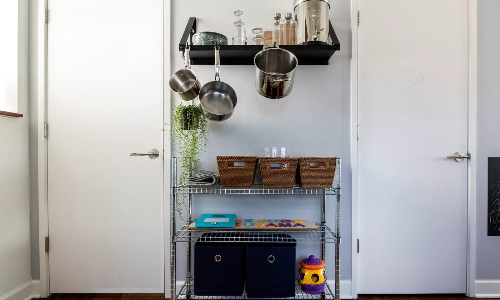 pot and pan rack in the kitchen