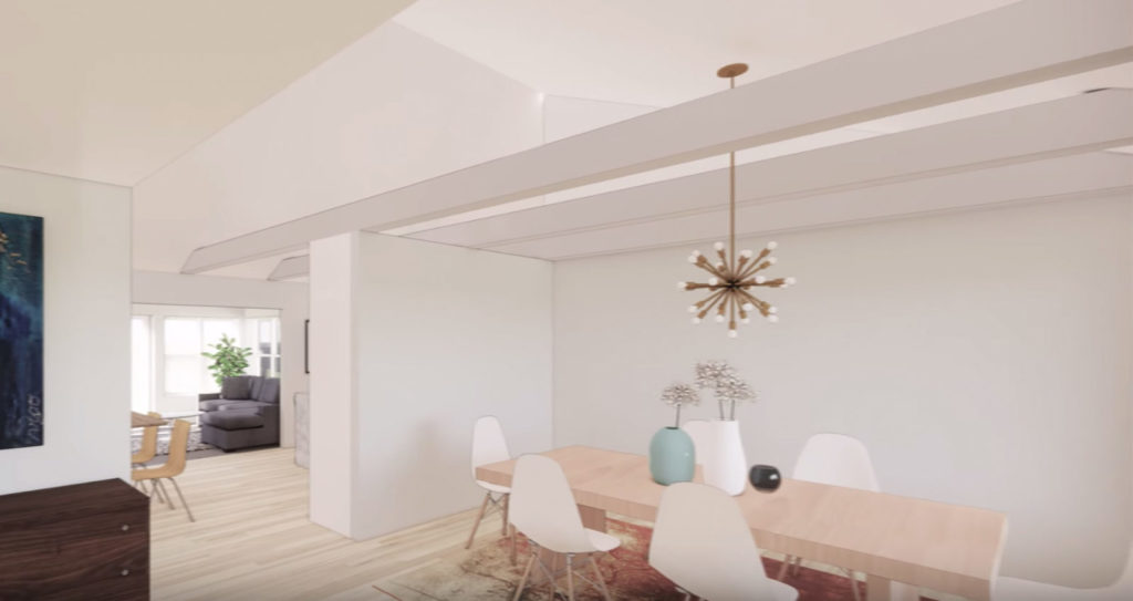 LivCo separate dining room renovation mock up white walls and ceiling  large table & light fixture