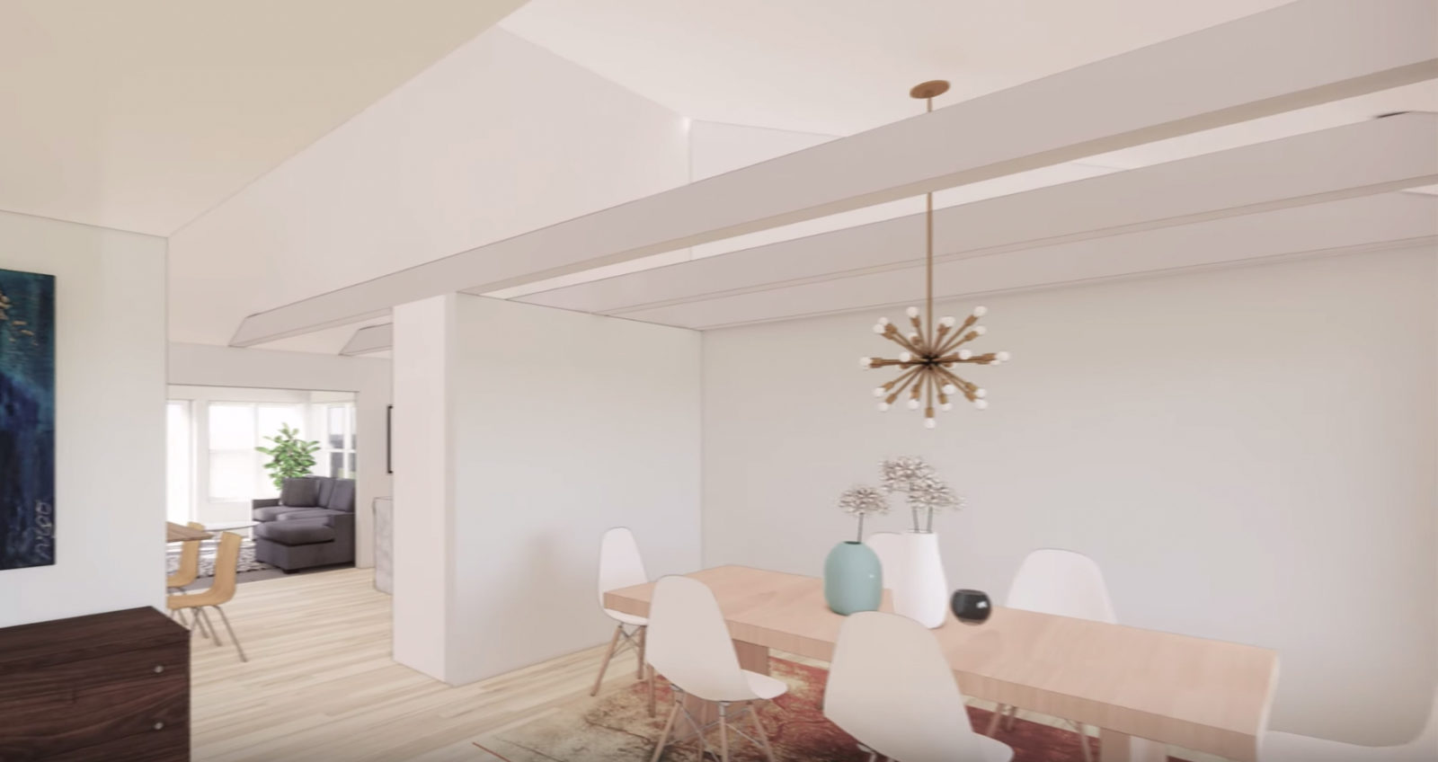 LivCo separate dining room renovation mock up white walls and ceiling large table & light fixture