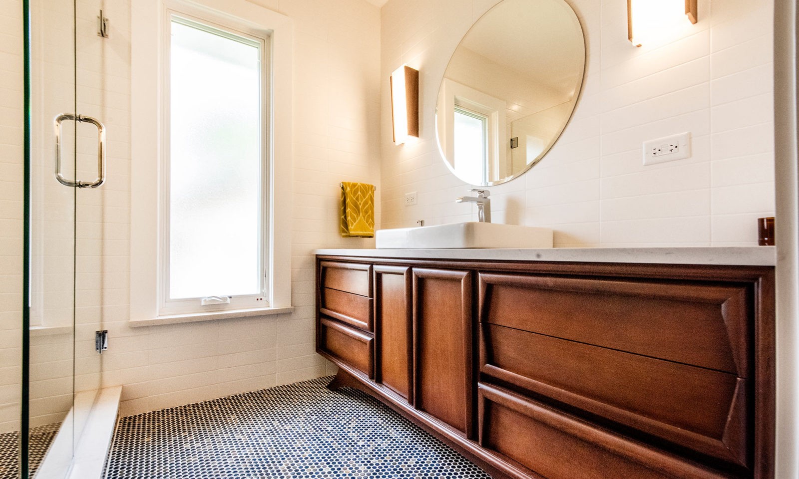 Riverside Illinois bathroom remodel using a vintage MCM dresser as a vanity
