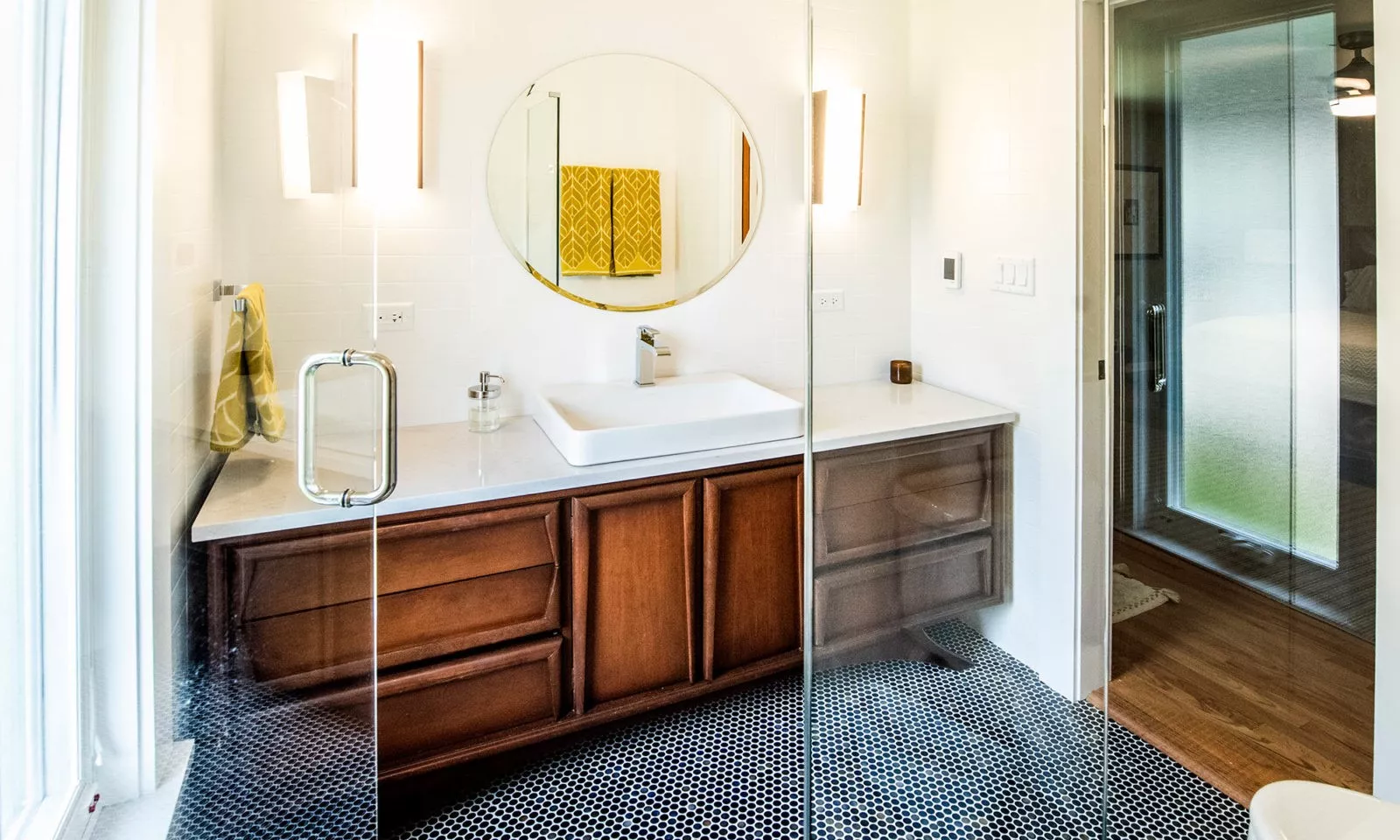 Riverside Illinois bathroom remodel using a vintage MCM dresser as a vanity