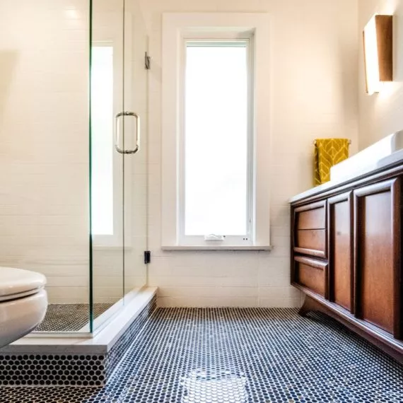 Riverside Illinois bathroom remodel dark penny tile floor
