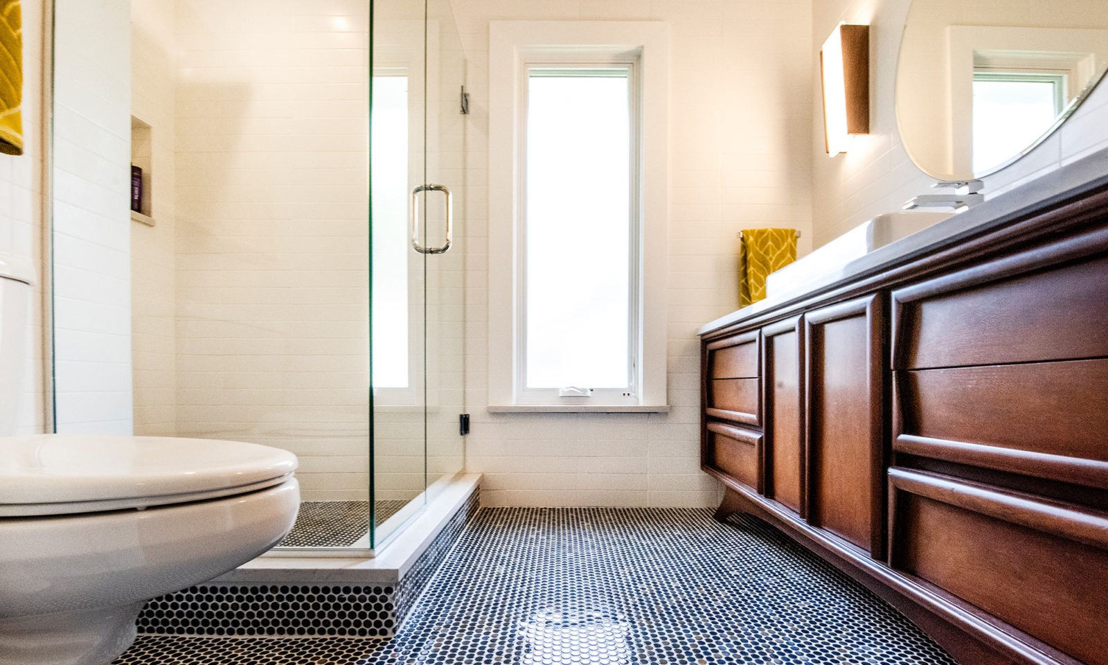 Riverside Illinois bathroom remodel dark penny tile floor