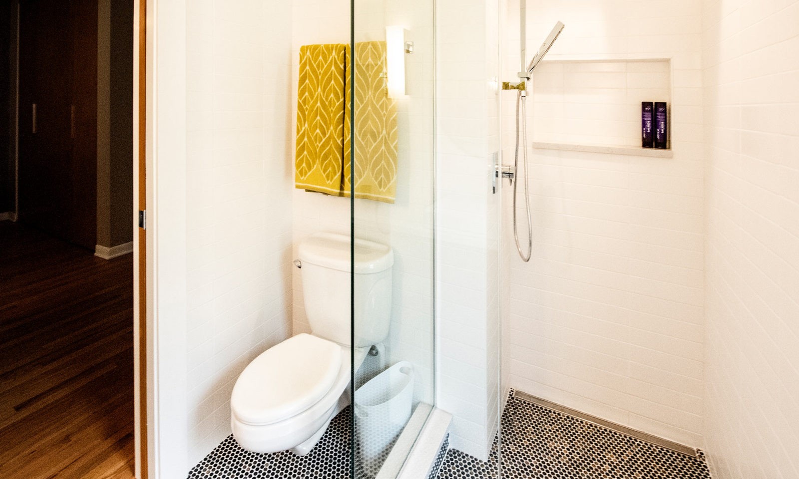 Riverside Illinois bathroom remodel glass shower enclosure and toilet
