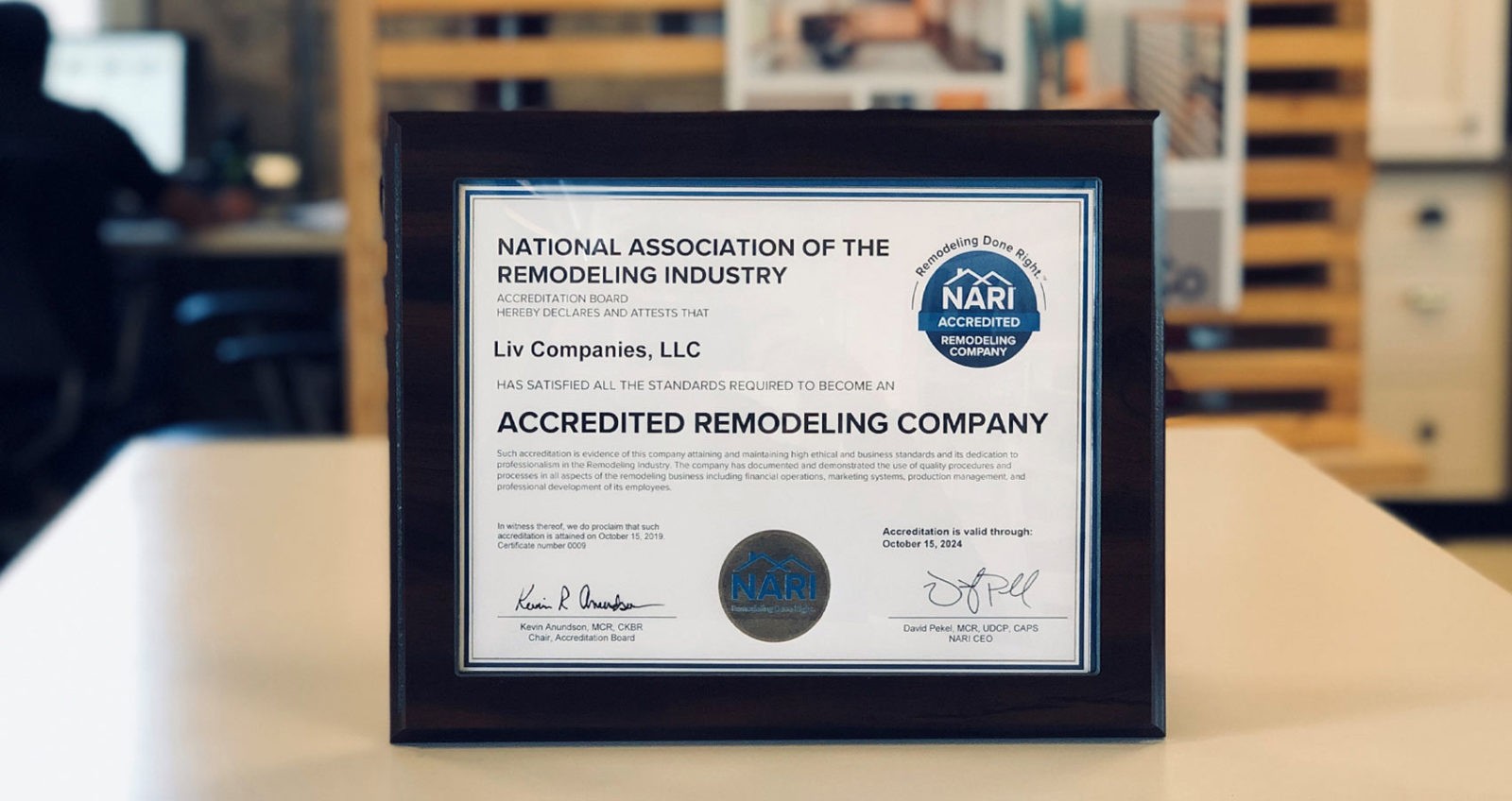 certificate received from the National Association of the Remodleing Industry as an Accredited Remodeling Company