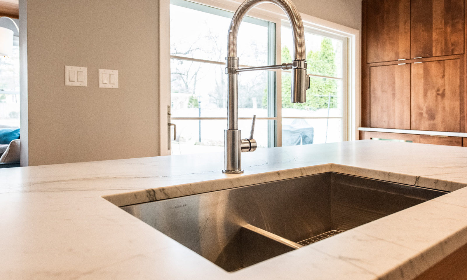 livco kitchen renovation nickel faucet finish deep double sink quartz countertops