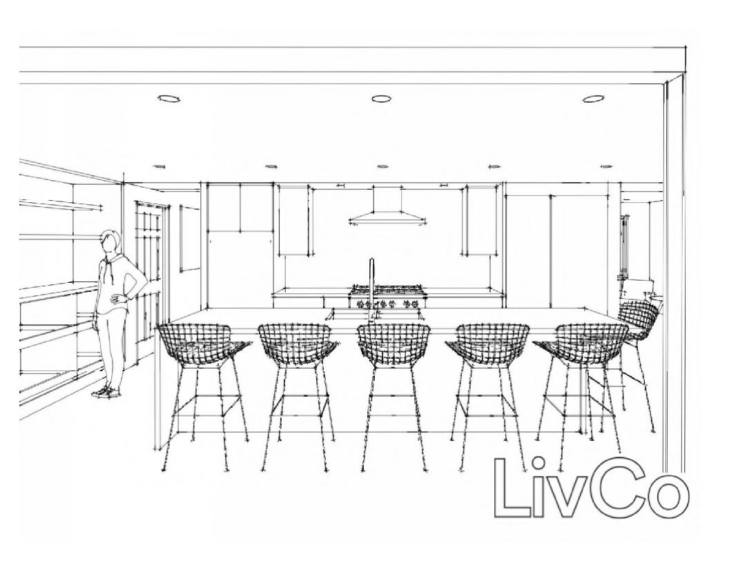 Perspective line drawing of a modern kitchen island
