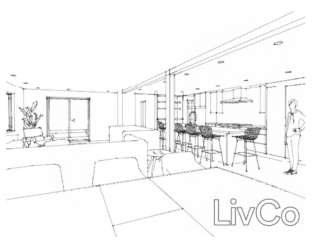 Perspective line drawing of an open kitchen and living room design