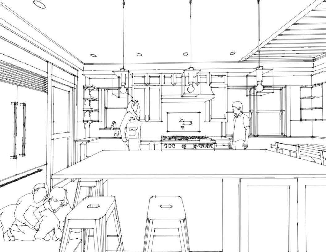 Perspective line drawing of people hanging out in a modern kitchen