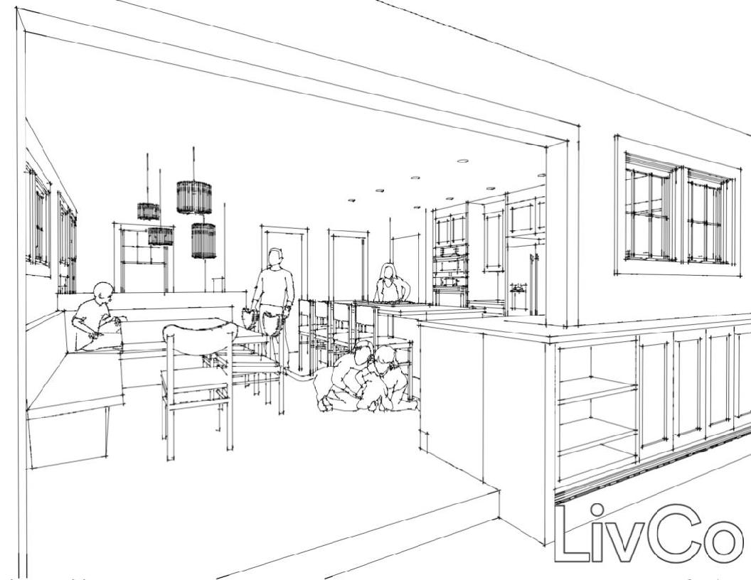 Perspective line drawing of people in a kitchen from the view of outside through an open doorway