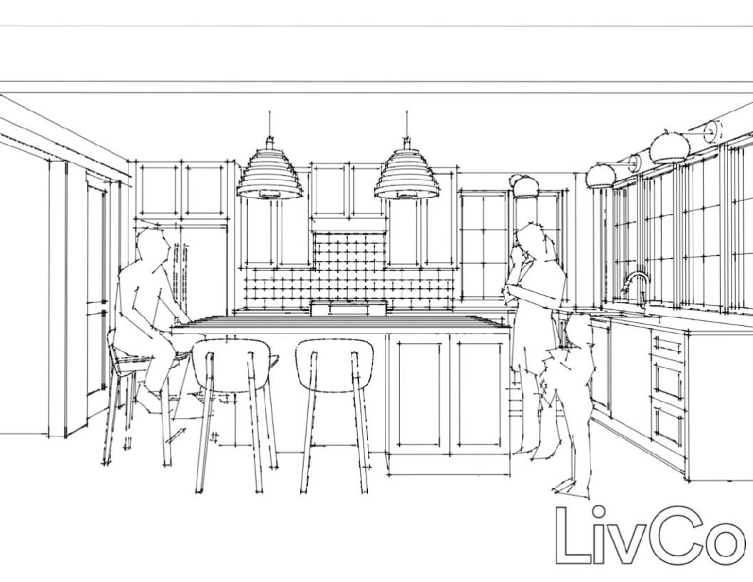 Perspective line drawing of people in a modern design kitchen