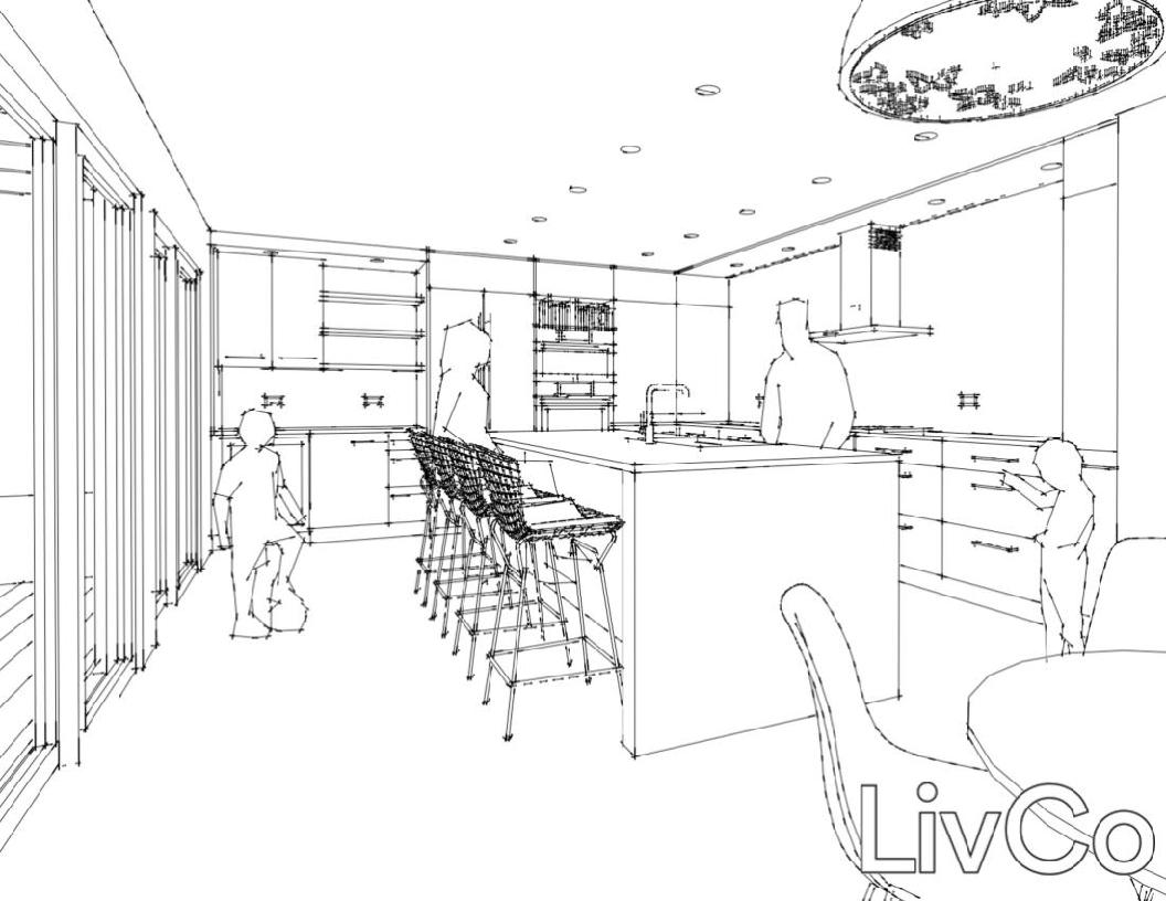 Perspective line drawing of people in a kitchen