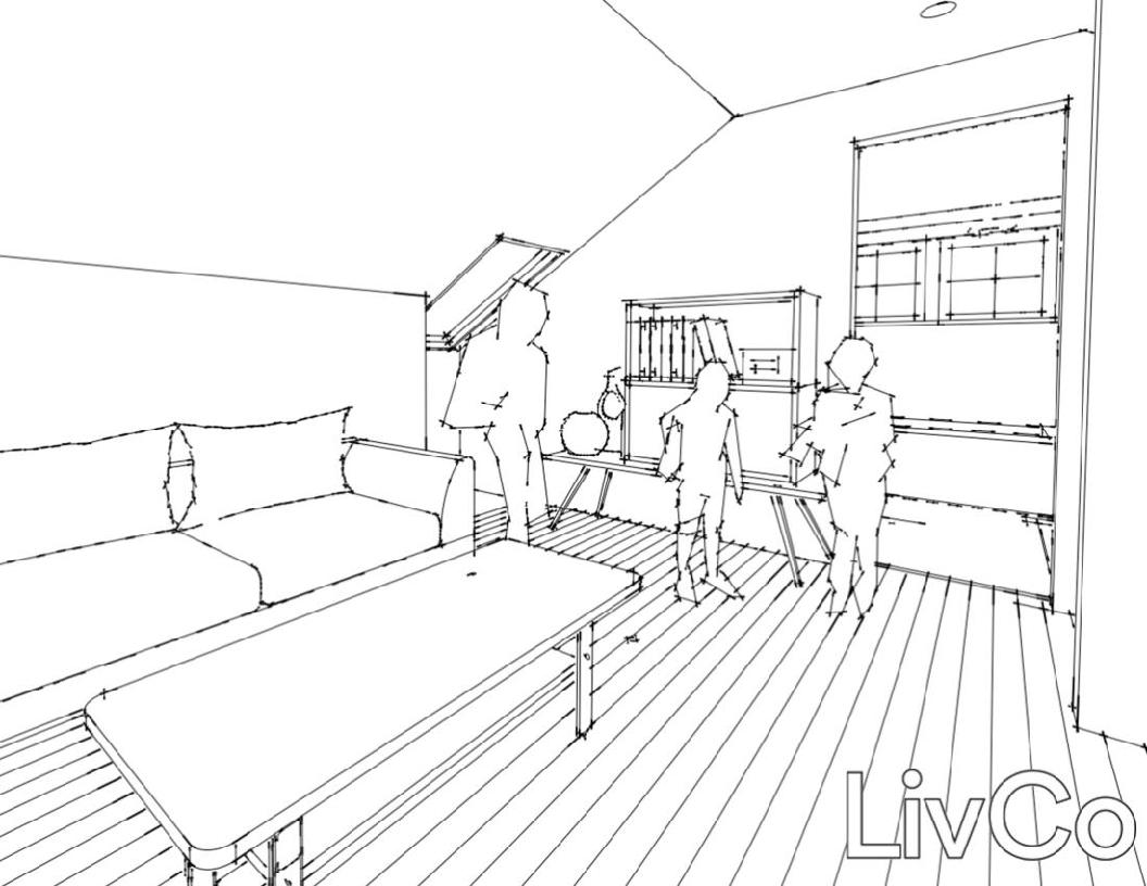 Perspective line drawing of children playing in a living room