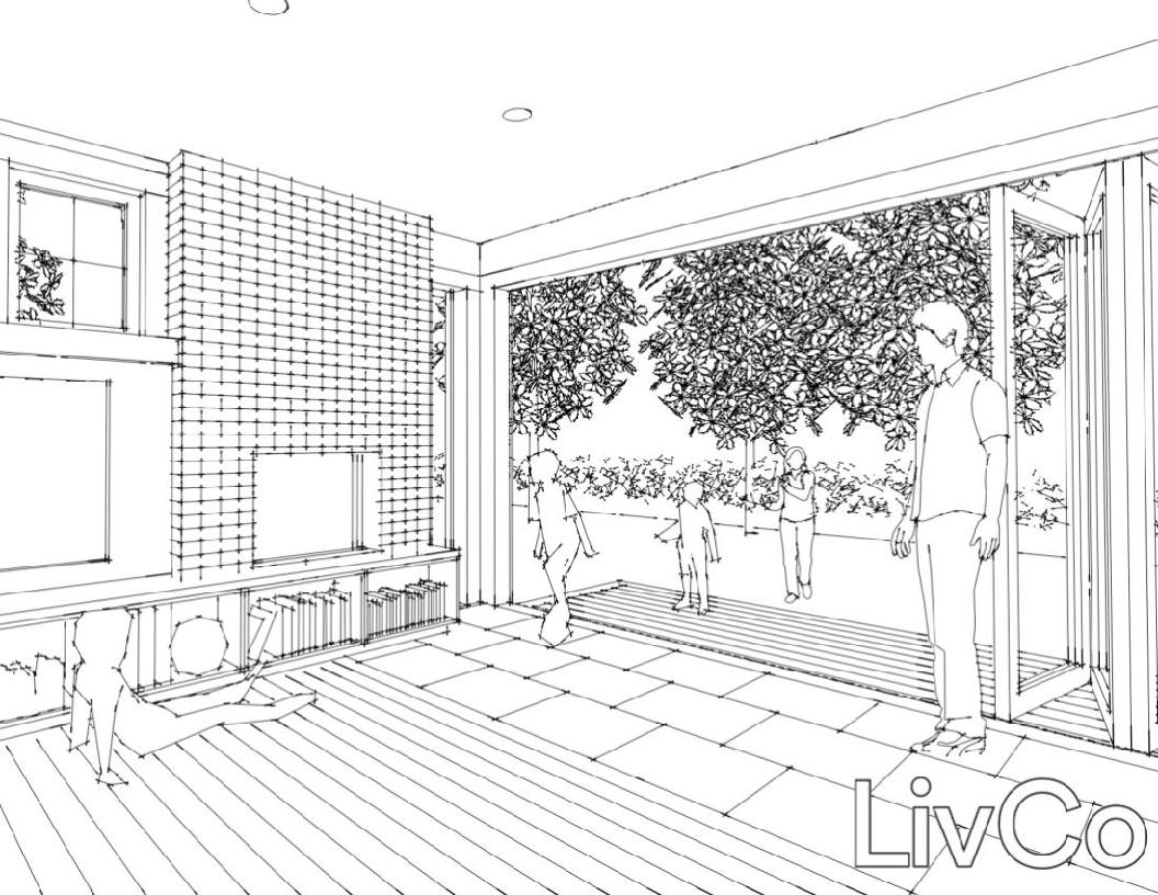 Perspective line drawing of people standing in open doorway from one room to the outside