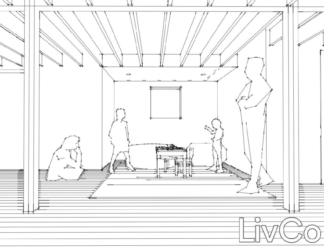 Perspective line drawing of people hanging out together in an open patio space
