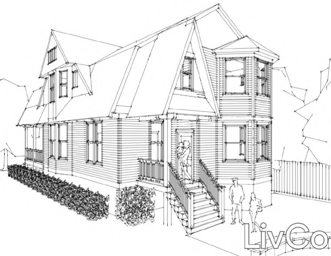 Perspective line drawing of unique home exterior