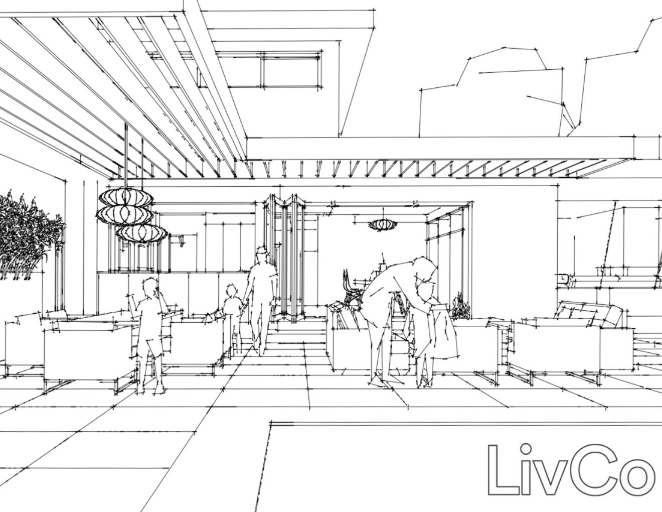 Perspective line drawing of people in outdoor space with trellis style ceiling over portions of the space