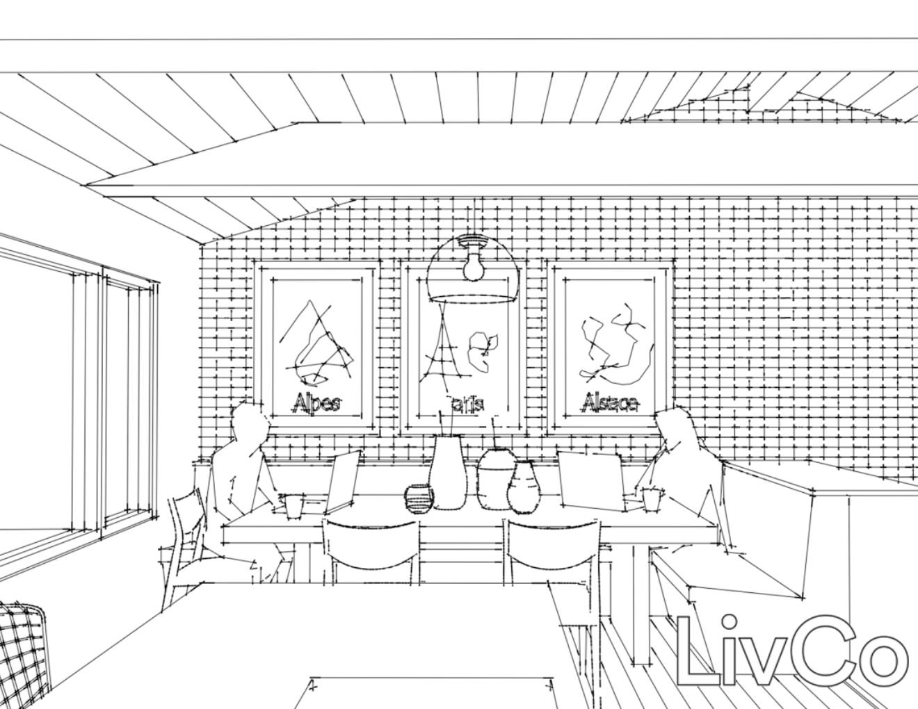 Perspective line drawing of people in a modern kitchen