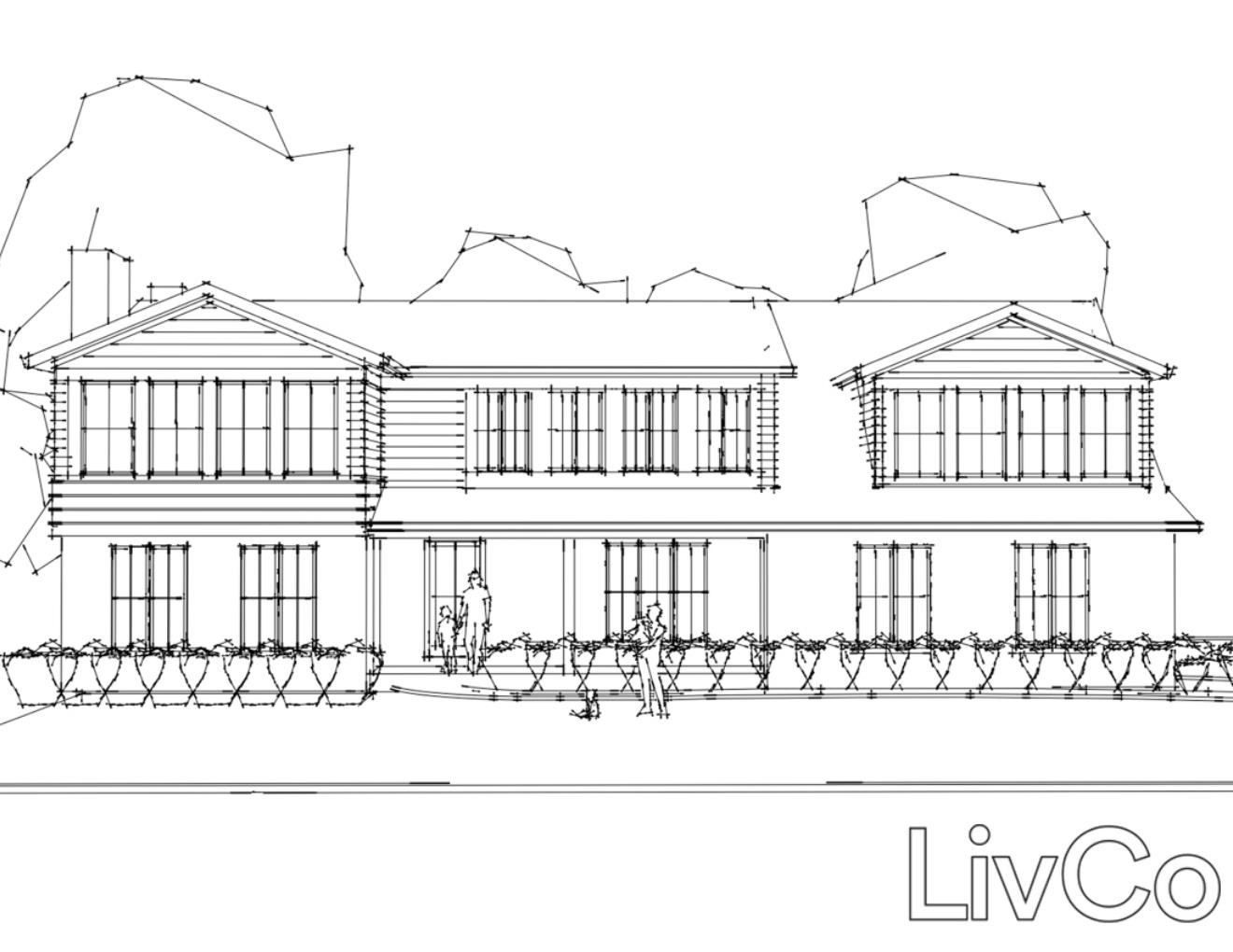 black and white sketch of the exterior elevation of a two story house in Hinsdale Illinois