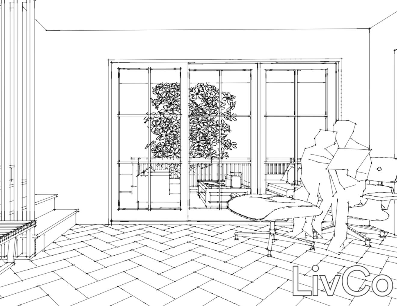 line drawing of a glass patio door and father son sitting in a chair reading a book