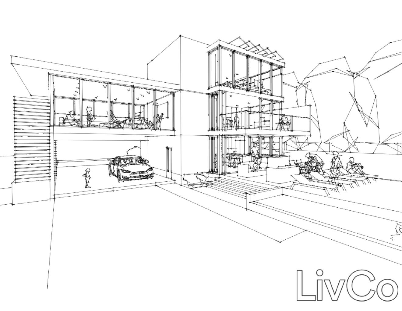 perspective line drawing of a modern home