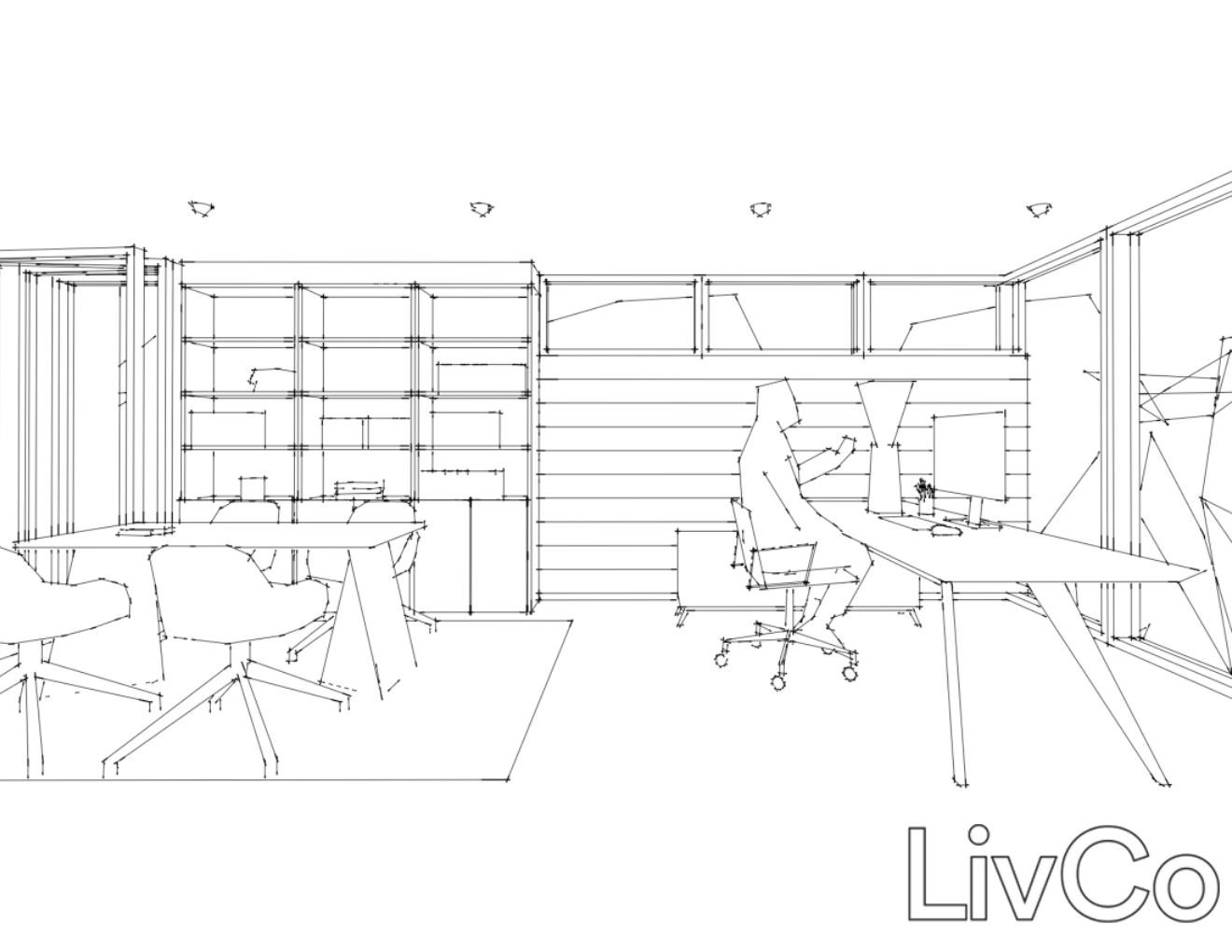 perpsective line drawing of a modern home office with desk and windows