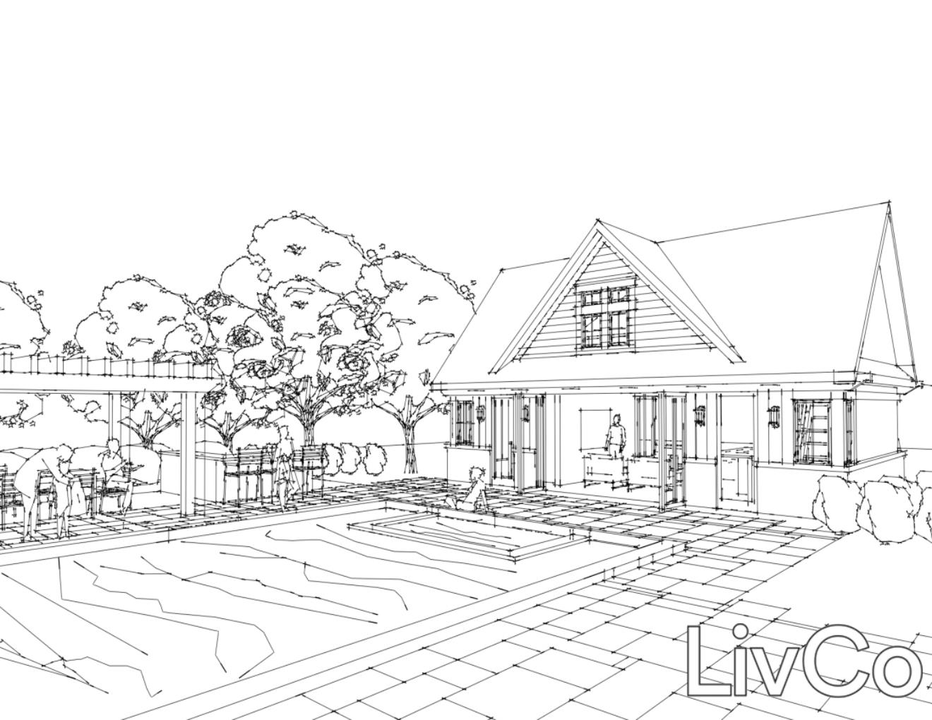 perspective lie drawing of a pool house