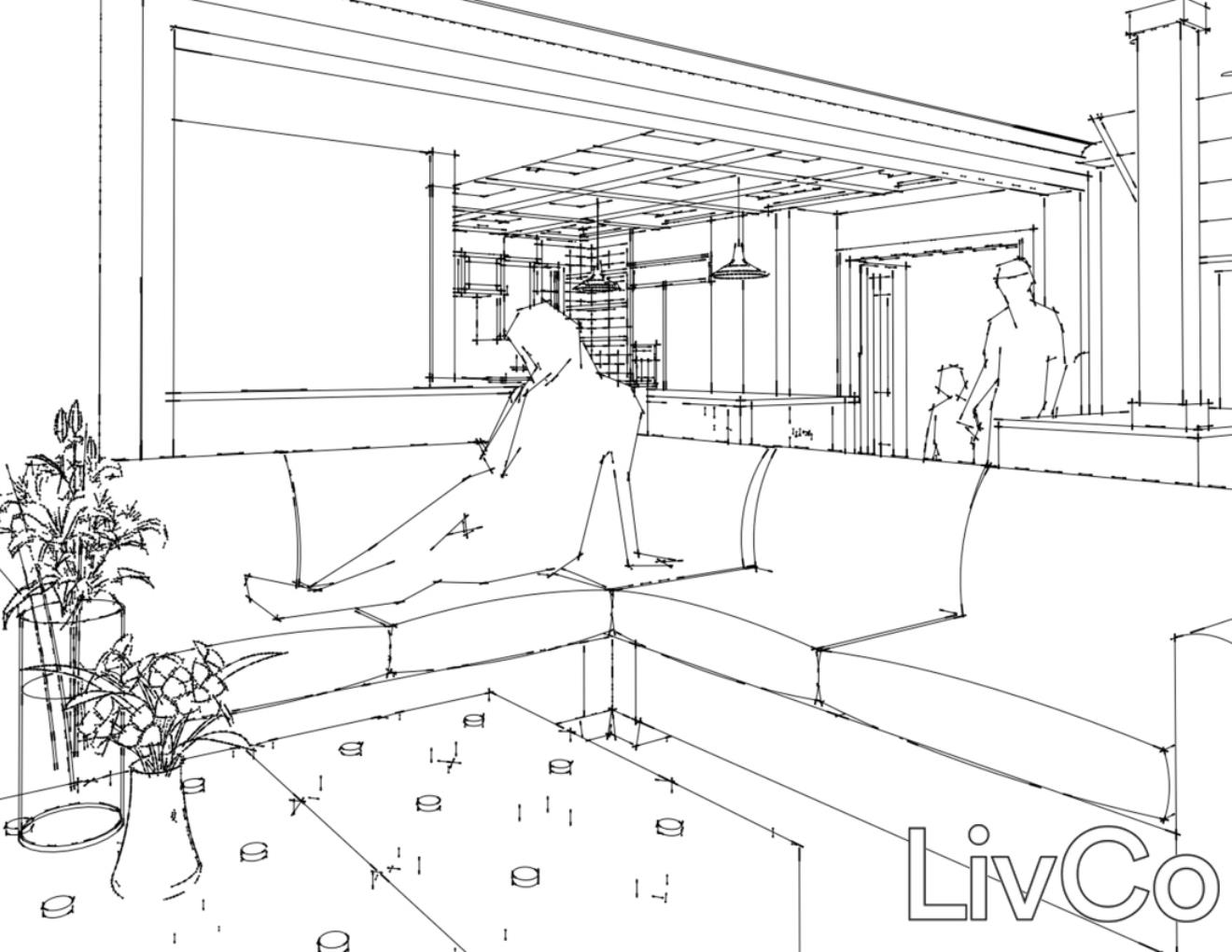 Perspective line drawing of people in a living room and kitchen