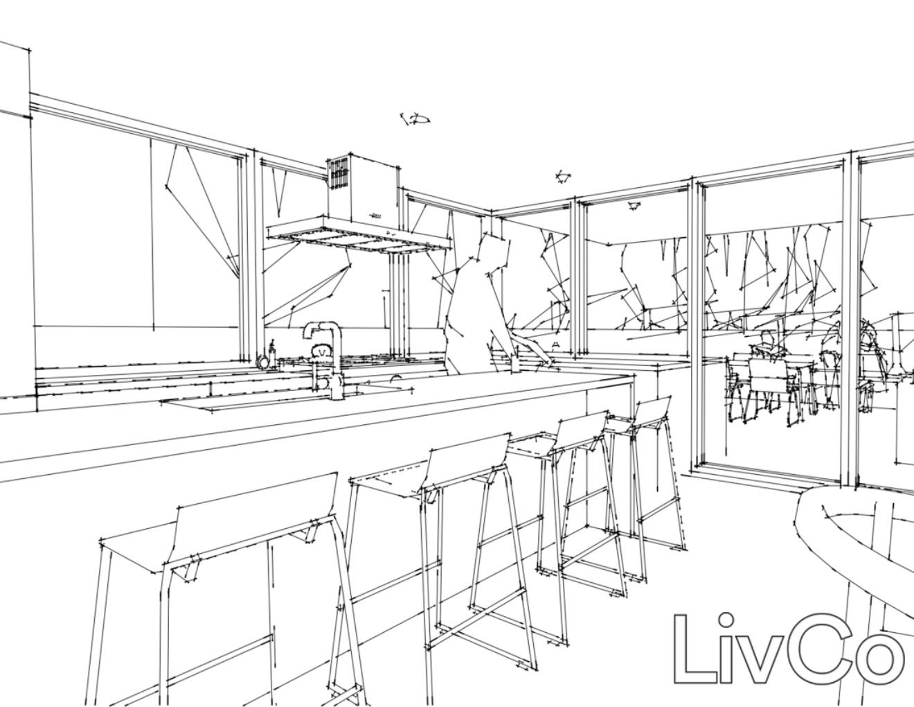line drawing of modern kitchen