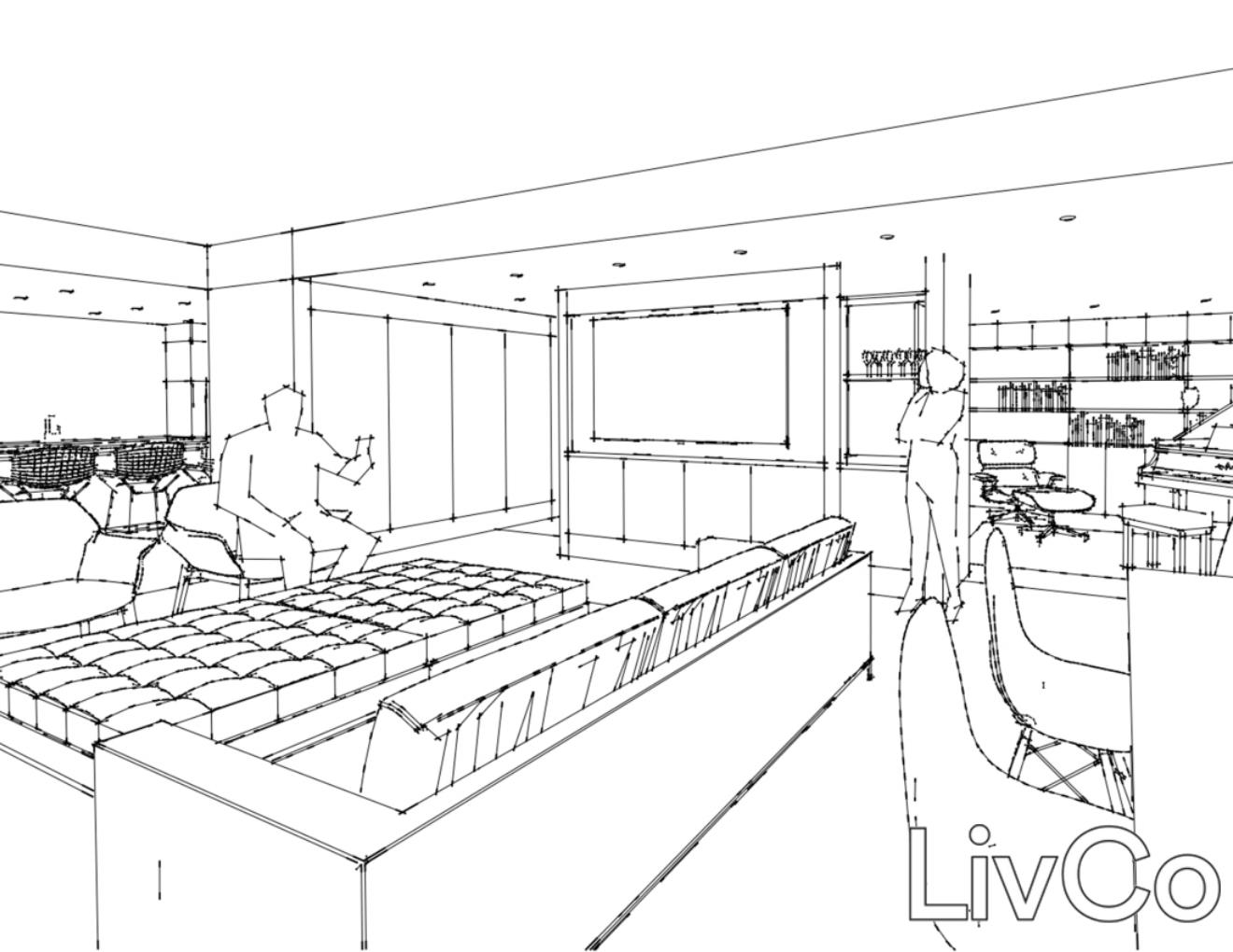 perspective line drawing of a modern living room