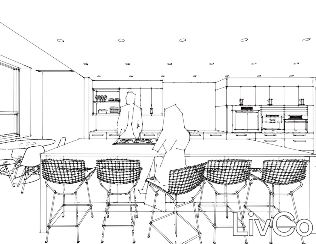 perspective line drawing of a modern chicago kitchen