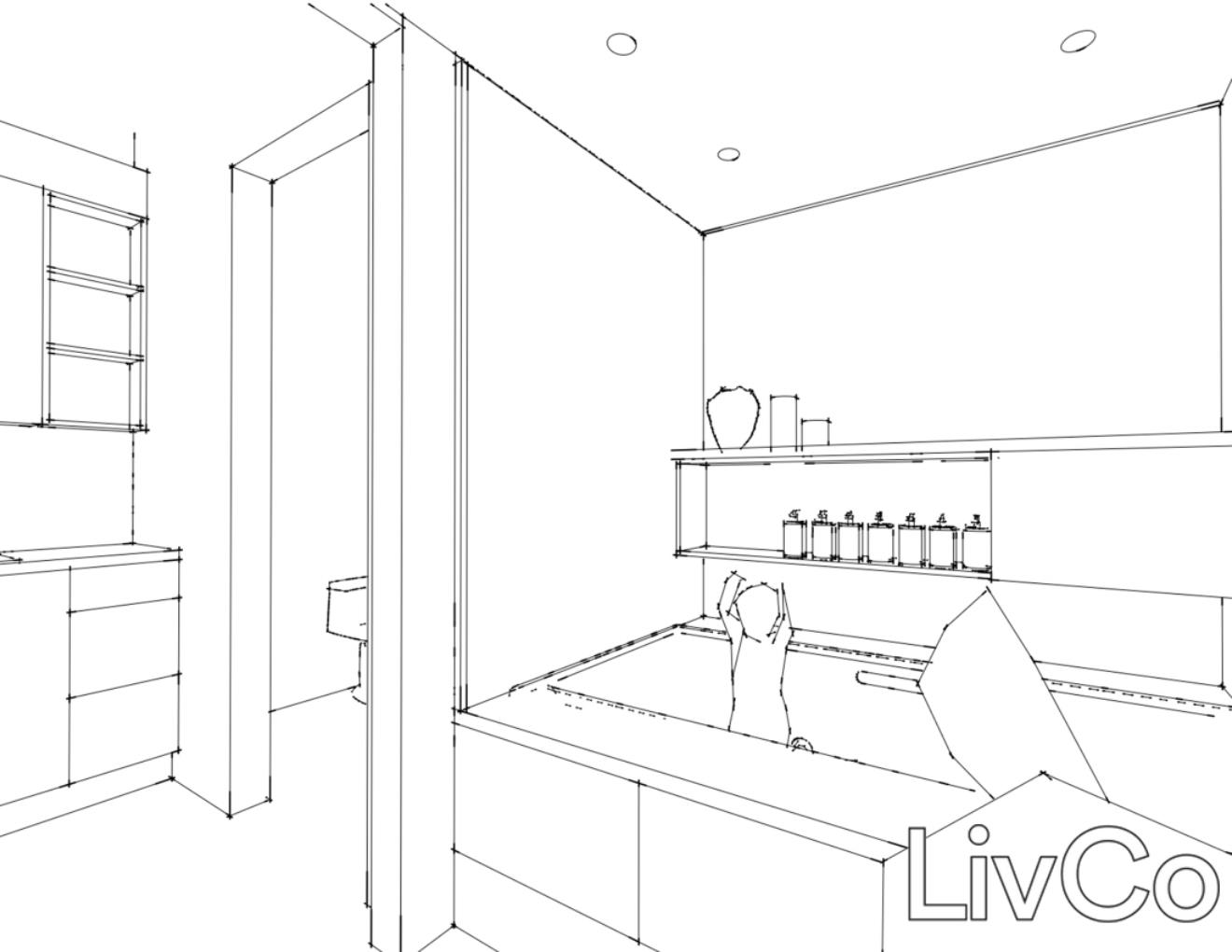 perpective line drawing of a modern bathroom and tub
