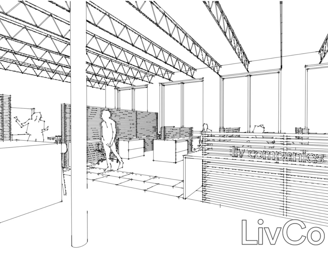 perspective line drawing of a modern office space