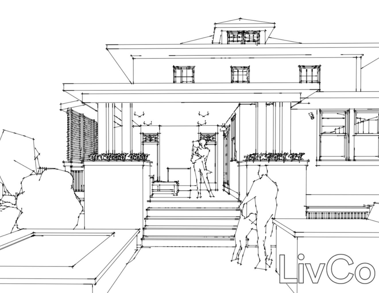 perspective line drawing of a back porch addition on a craftsman style home