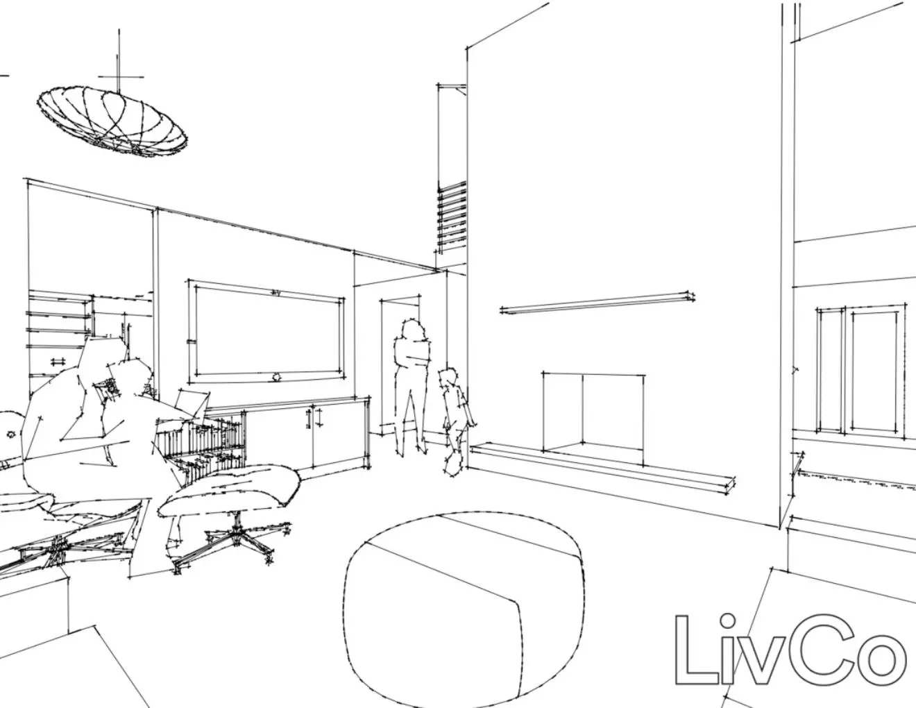 perspective line drawing of a modern family room